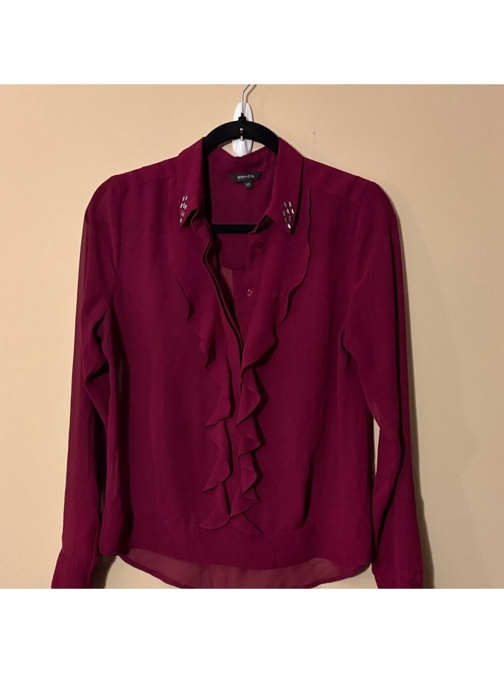 106. RW&CO. Burgundy Ruffle Semi Sheer Blouse
